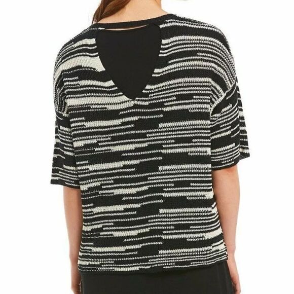$198 Eileen Fisher Black Natural Stripe Knit Organic Linen Sweater M 331 - Picture 2 of 5